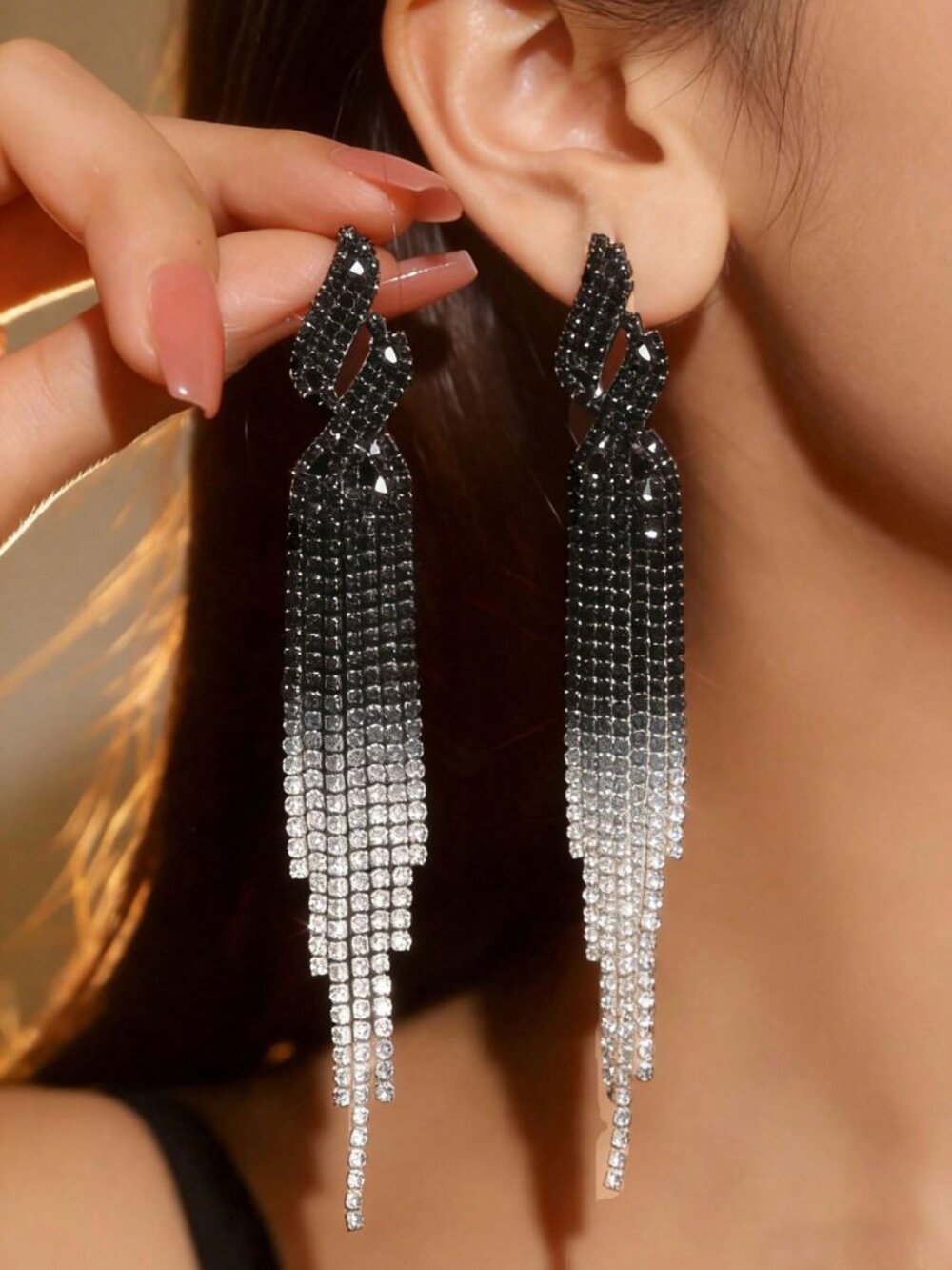 Black And White Gradient Boho Women's Rhinestone Tassel Drop Earrings